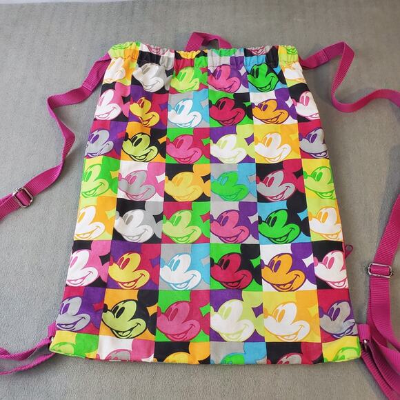 Disney Parks Authentic Original Mickey Mouse Clothe Backpack Colorful Faces Fold - Picture 4 of 11